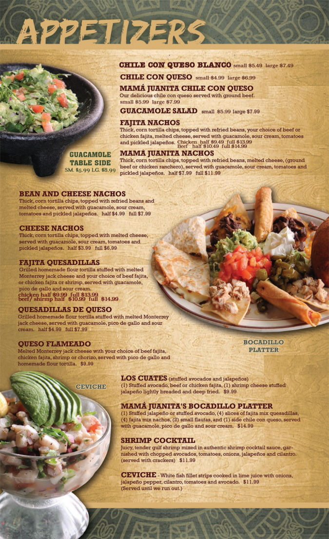 Menus Of Texas - Coupons - Mama Juanitas Mexican Restaurant - Conroe - Dinner Menu