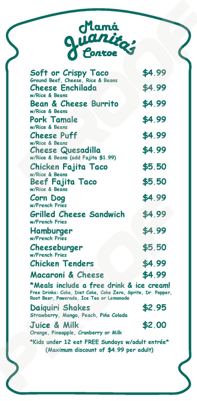 Menus Of Texas - Coupons - Mama Juanitas Mexican Restaurant - Conroe - Kids Menu